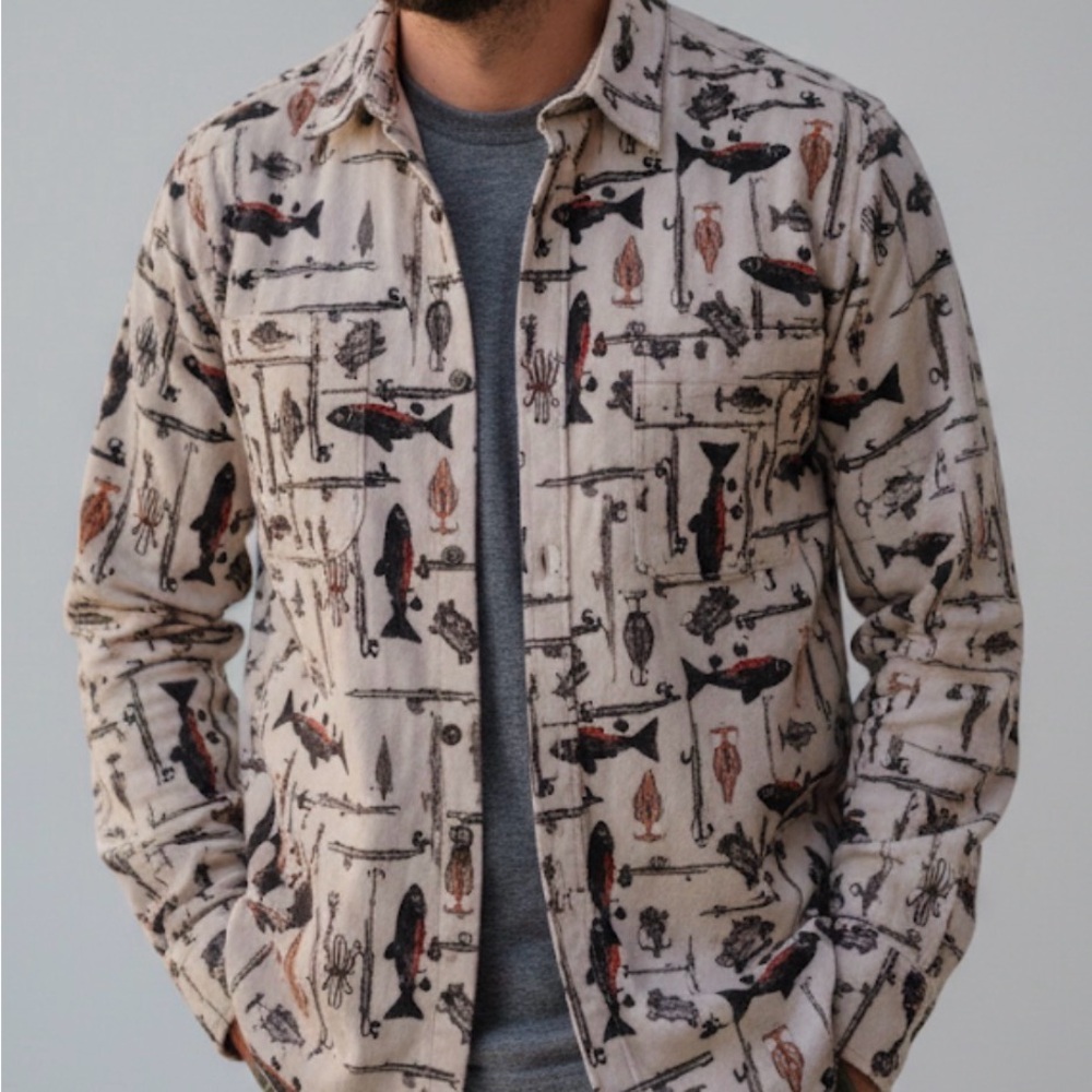 Ivy crew fishing Pattern Button-Up flannel‎ Shirt long sleeve L camping outdoor